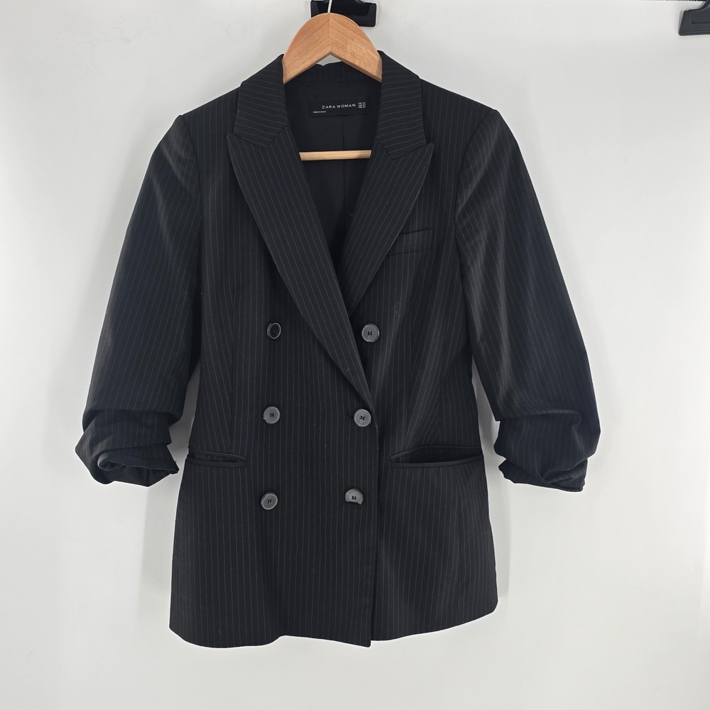Zara Black Double Breasted Pinstripe Jacket Blazer Extra Small
